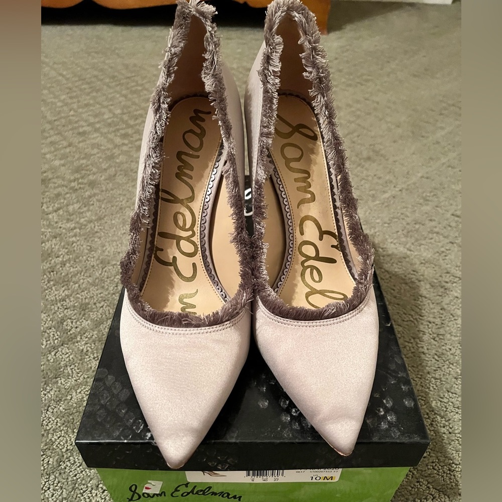Sam Edelman Grey Satin Stiletto with Fringe Size 11